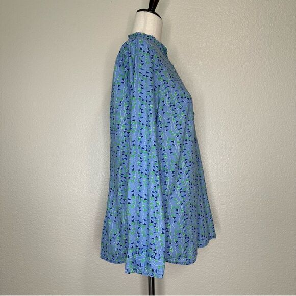 Talbots Periwinkle Blue Green Pattern Quarter Front Button Top - Picture 5 of 12